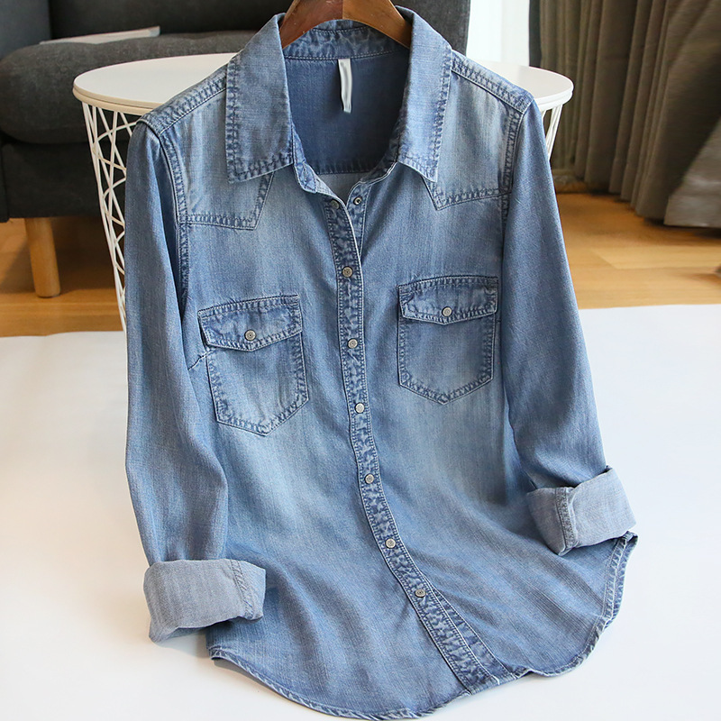 2026 Upgraded Version of Tencel Denim Shirt for Women, Long-Sleeved Inner Shirt, Spring and Summer Loose-Fitting Niche Korean Style Summer Trend