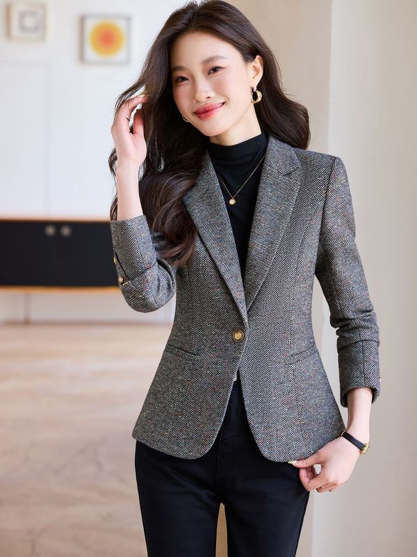 高级感毛呢西装外套女2025新款秋冬复古干练女士气质通勤西服上衣|undefined