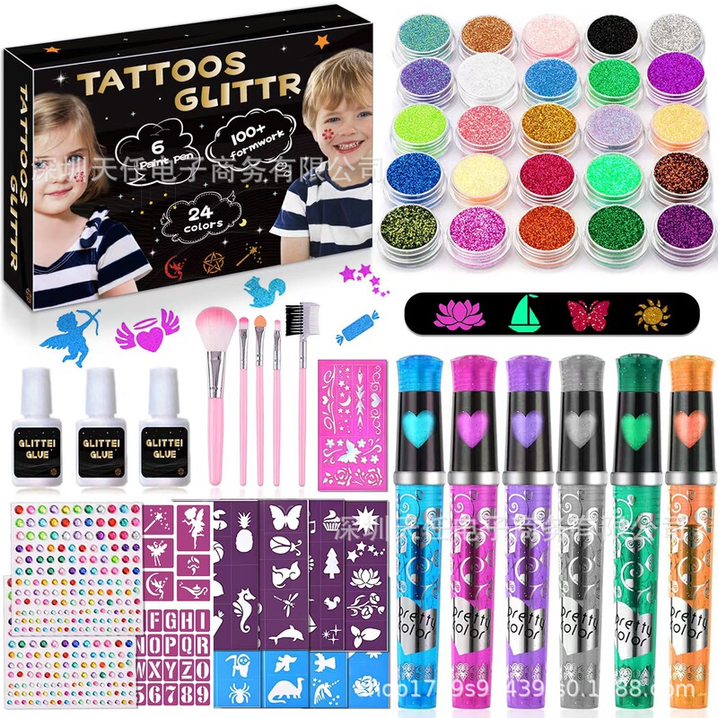 Tattoo glitter suit with tattoo pen suit diy body painting shiny stage glitter makeup temporary tattoo.
