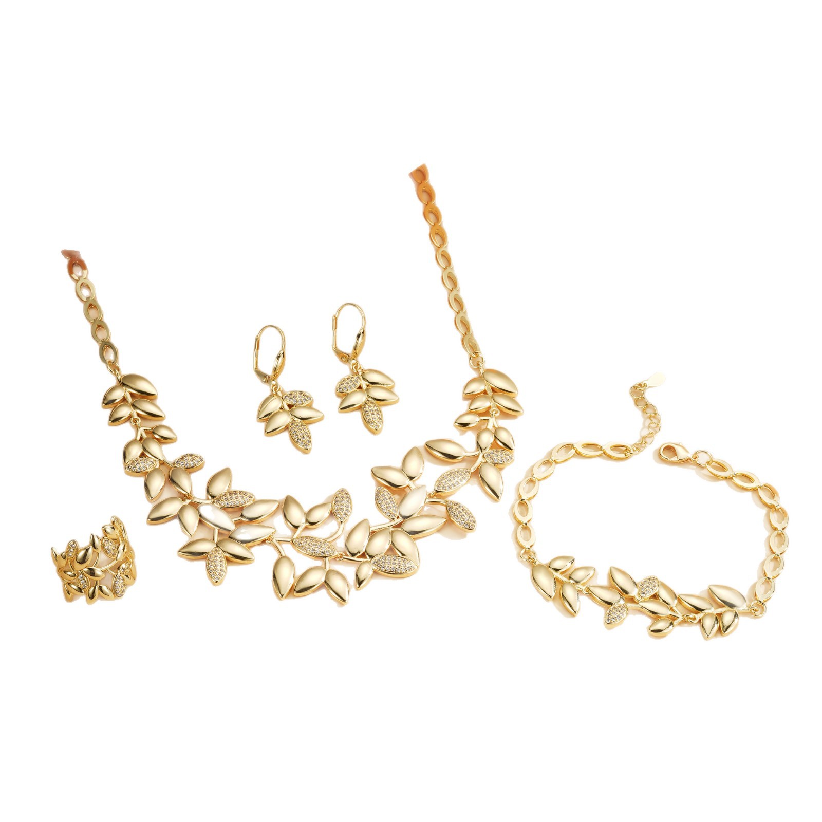 Juegos de joyería de moda de alta gama transfronteriza collar de hojas de árbol collar de piedra de diamante collar de clavícula aretes anillo pulsera conjunto de cuatro piezas image 6