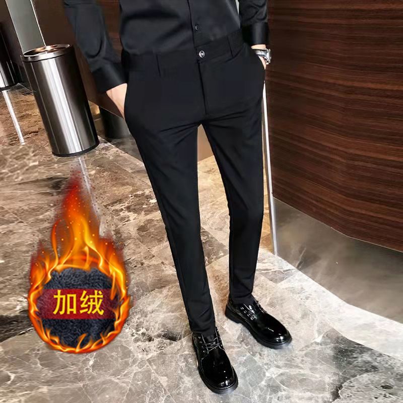 Autumn and Winter New Men's Cropped Dress Pants Korean Style Casual Slim Fit Tapered Pants with Fleece Non-Iron Dress Pants