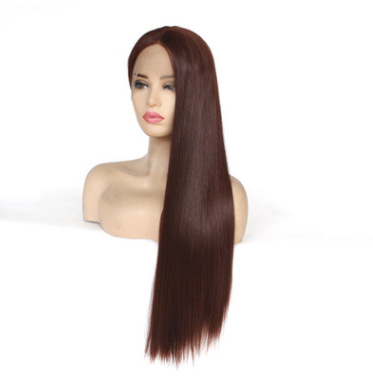 Peluca de comercio exterior Europa y América, cabello largo y liso marrón, gancho de media mano, encaje delantero, abrigo de fibra química, fabricante LW0147