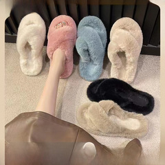 2023秋冬新款一字搭扣內里加絨時尚高級感外穿網紅女毛毛拖鞋