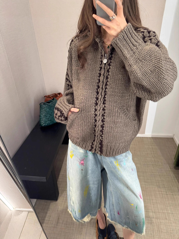 2025秋冬新款openyy设计粗针手工钩花拼接连帽羊毛毛衣针织外套女|undefined