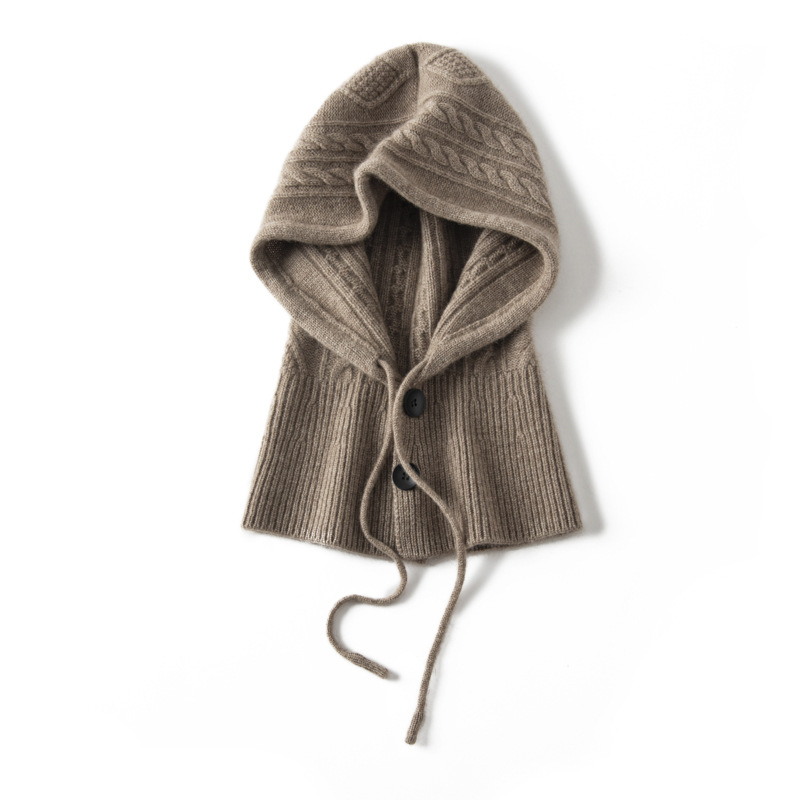 Cashmere scarf and hat in one, thickened and warm, women's knitted jacquard Korean-style loose hat with ear protection and windproof woolen hat