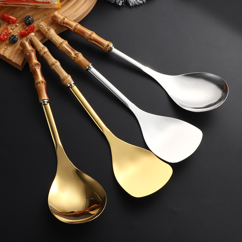 Utensilios de cocina de acero inoxidable con mango de bambú natural transfronterizo para uso doméstico, arroz, hotel, restaurante, olla, espátula para saltear_voghion.com