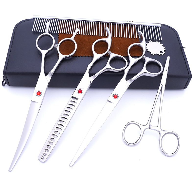 Directo de fábrica de acero inoxidable de 7 pulgadas para mascotas tijeras de belleza profesional de corte de pelo de perro tijeras curvas Teddy adelgazamiento tijeras traje