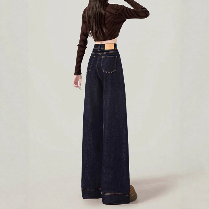 Loose Casual Wide-Leg Jeans for Women, Autumn Petite Denim Blue, Lazy High-Waisted Straight Comfortable Pants for Spring and Autumn