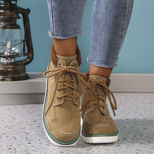 2024 autumn and winter new foreign trade plus size Europe and the United States leisure turn-up single boots high round head front lace solid color cotton shoes women
