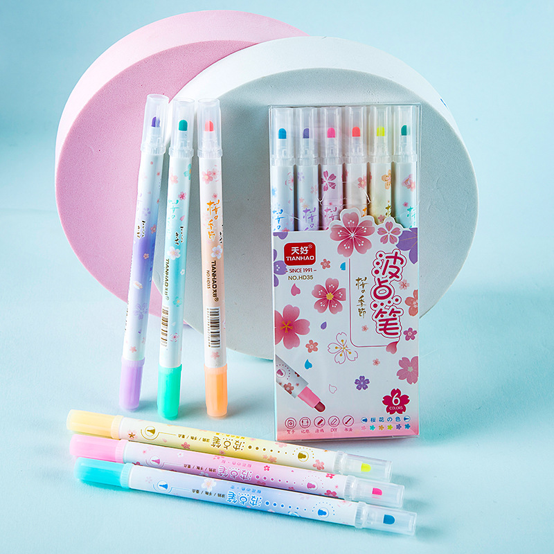HD35-6 de 6 colores de doble cabeza resaltador creativo de dibujos animados flor de cerezo Polka Dot pen DIY diario pluma marcado pintura pluma