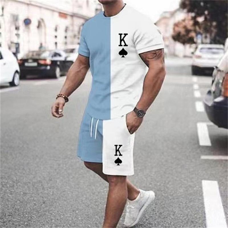 Comercio exterior europeo y americano verano nuevo estilo moda hombre simple impresión 3D a juego de color camiseta de manga corta traje de 2 piezas para hombre al por mayor