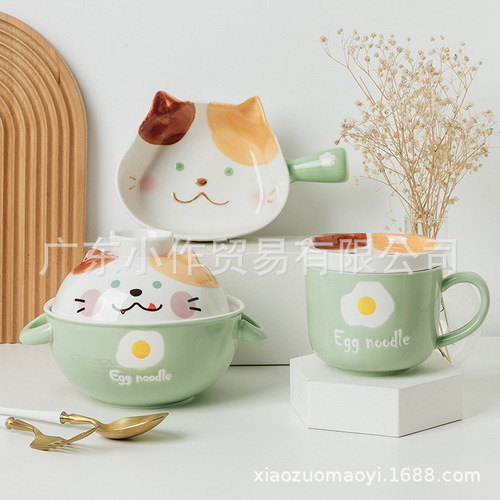Cute style baking bowl household ceramic instant noodle bowl with handle ins style salad bowl internet celebrity tableware hand bowl
