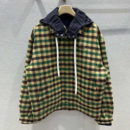 南油高端女装2025秋冬MIU*新款撞色拼接格子连帽羊毛呢外套女