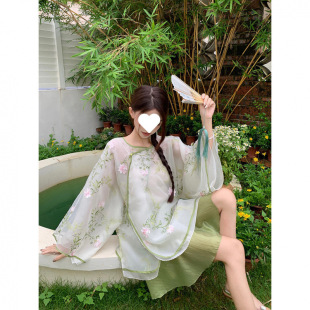 Chinese Style New Chinese Zen Style Improved Han Dynasty Embroidered Button-Down Shirt Top A-Line Half-Length Short Skirt Two-Piece Summer Set