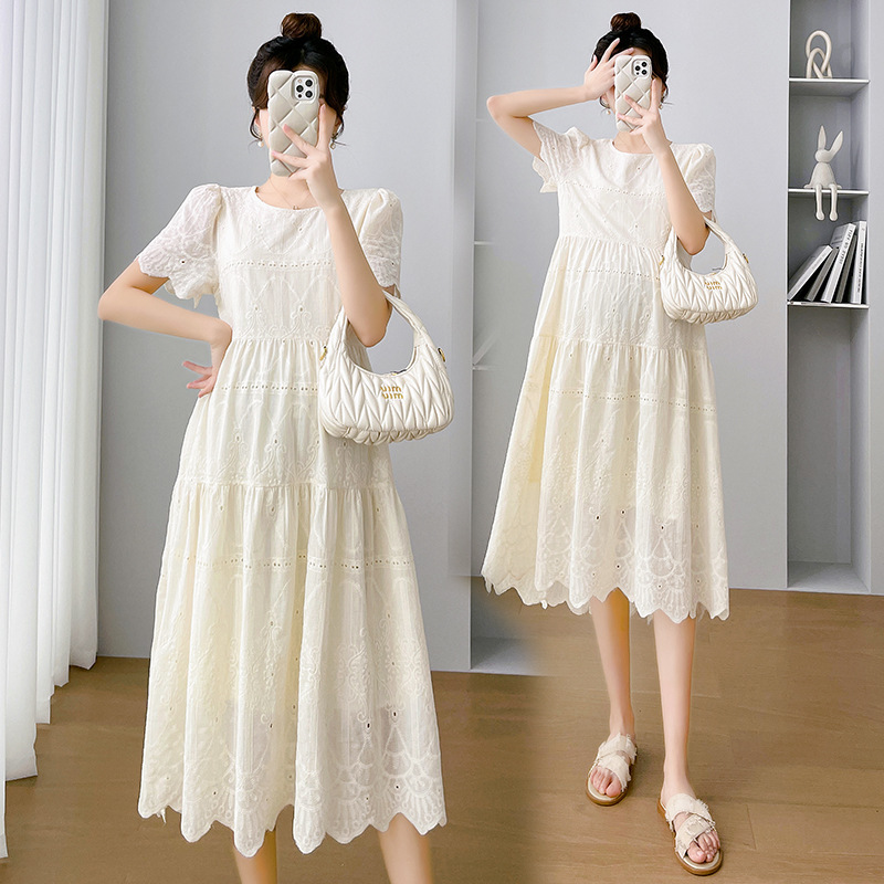 Maternity Dress, Summer Dress, High-End Design, Pure Cotton, Thin, Hollow-Out, Gentle Style, Summer Loose-Fitting, Age-Reducing Ladylike Dress