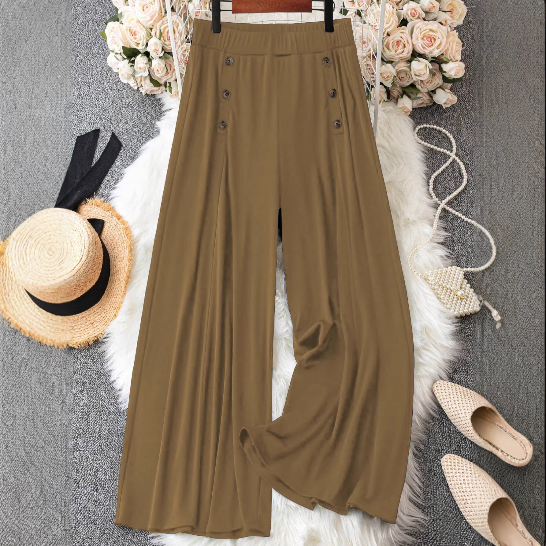 2026 New Amazon European and American Cross-Border Plus-Size Women's Casual Solid Color Oversized Button Detail Wide-Leg Pants