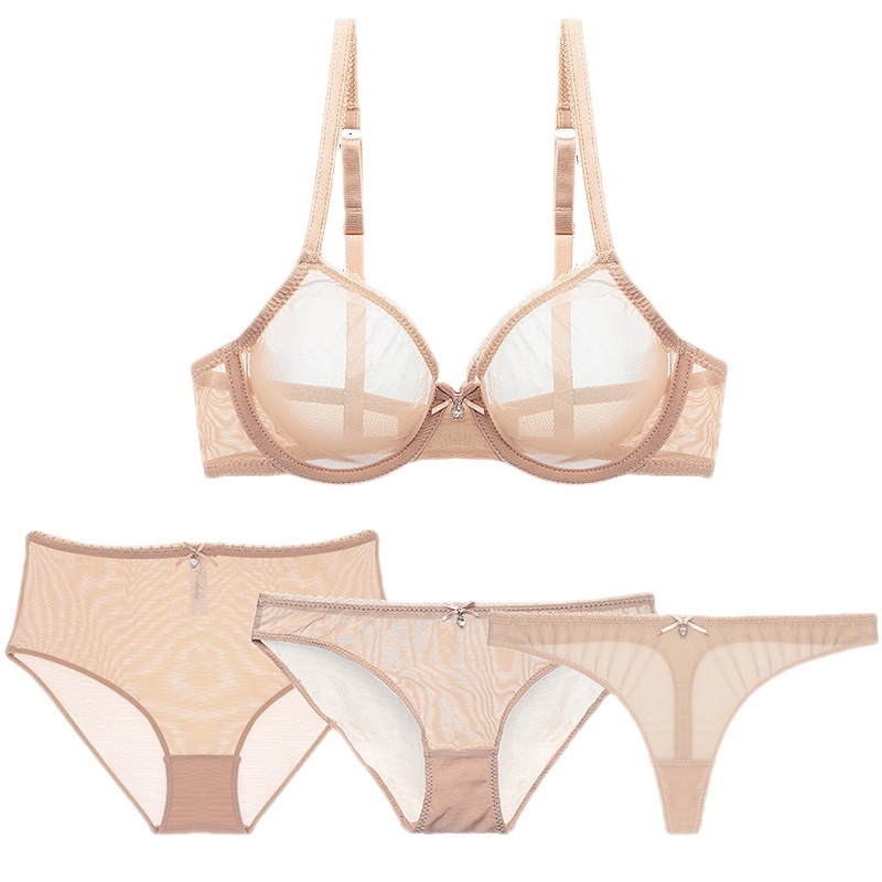 Varsbaby Sexy Transparent Mesh Bra Set 4-Piece Set (Bra, Underpants + Thong + High-Waist Triangle Panties)