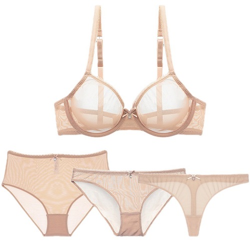 Varsbaby Sexy Transparent Mesh Bra Set 4-Piece Set (Bra, Underpants + Thong + High-Waist Triangle Panties)