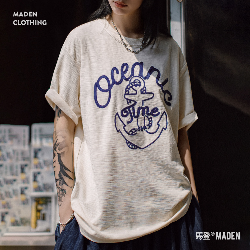 Retro navy white bamboo summer T-shirt