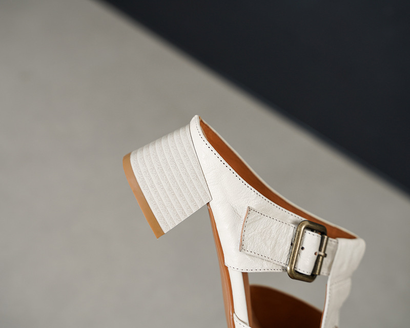 Dép sandal nữ quai dệt da cừu, đế La Mã thô, gót 4.5 cm — Màu caramel chi tiết 19