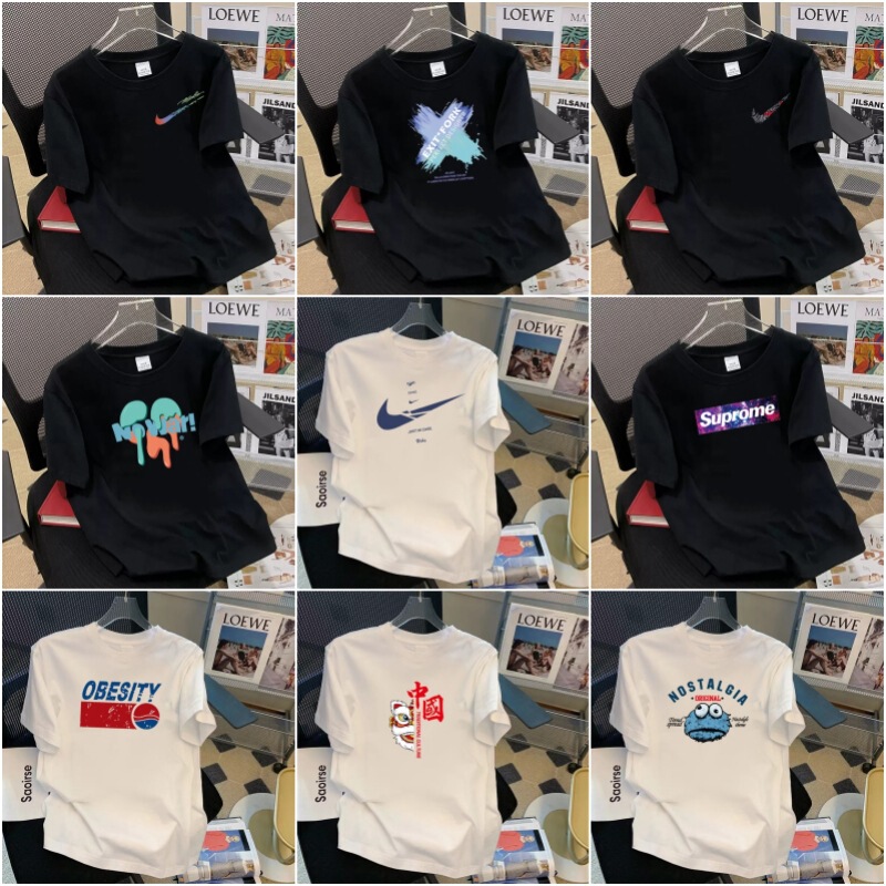 Trendy Brand Pure Cotton T-Shirt 2026 Internet Celebrity Style Men's Loose Fit Large Size Round Neck Printed Sports Short-Sleeve Base Shirt