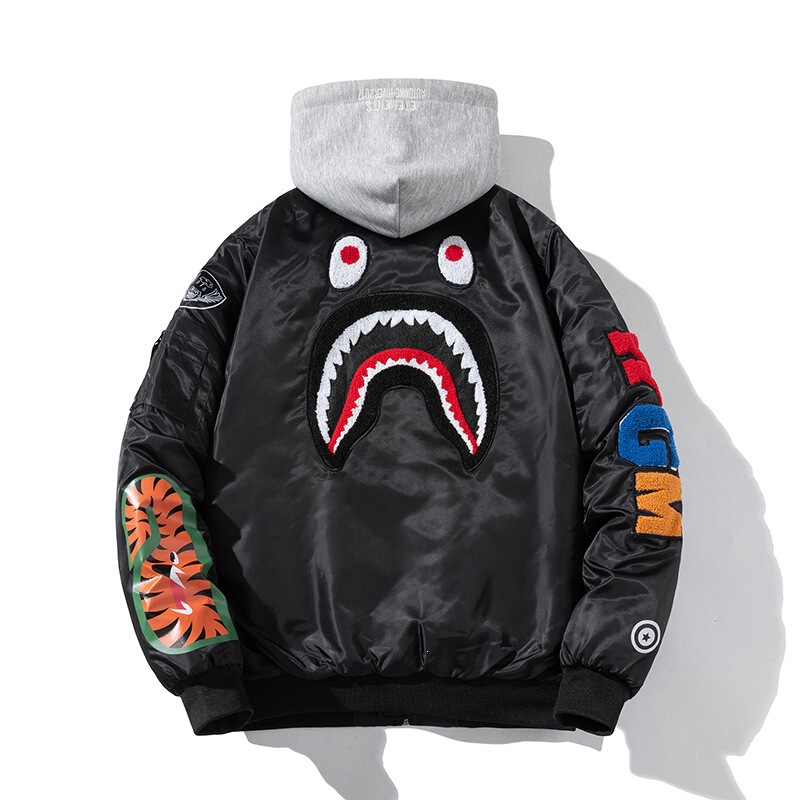 Autumn and winter trendy thickened aviator jacket, cotton coat for men and couples, towel embroidered cotton jacket, baseball jacket, shark coat