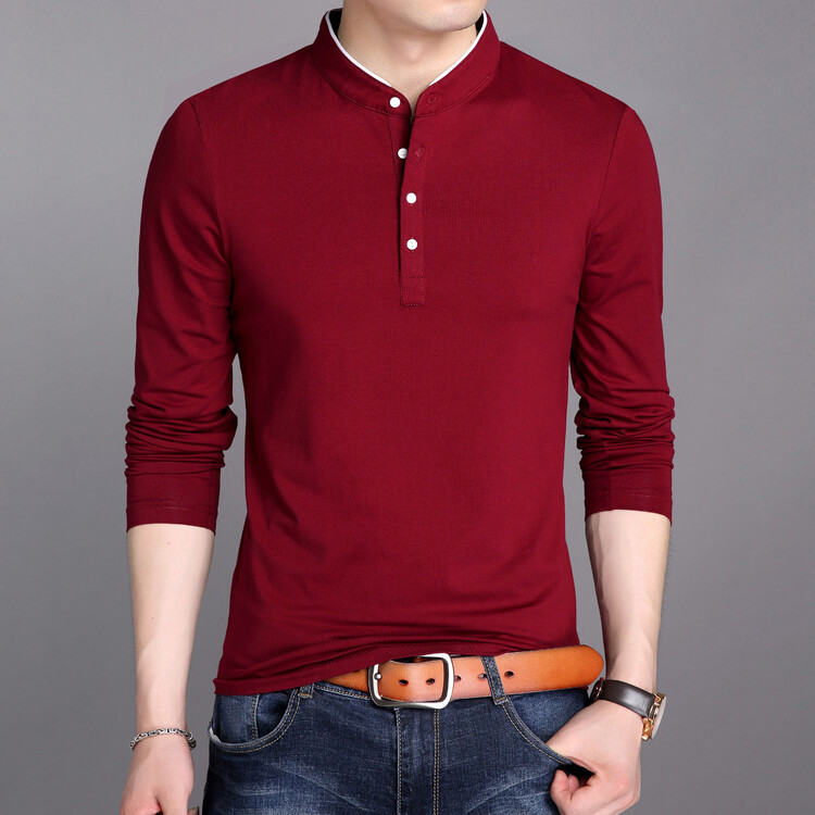 Cross-Border Foreign Trade Pure Cotton Men's Long-Sleeve T-Shirt with Stand Collar, Base Layer Shirt for Spring and Autumn, Solid Color Slim Fit Trendy Men's Clothing