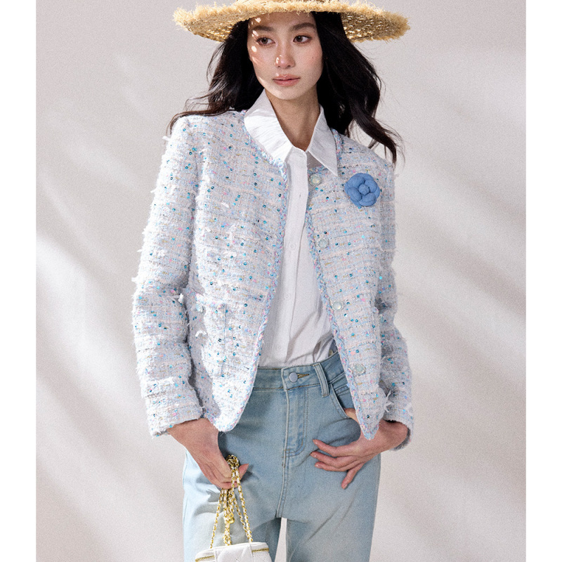 【Shengdu】26 Spring New Chanson Paris Blue Heavy Sequin Special Yarn Elegant Chanel-Style Jacket 【Shengdu】26 Spring New Chanson Paris Blue Heavy Sequin Special Yarn Elegant Chanel-Style Jacket