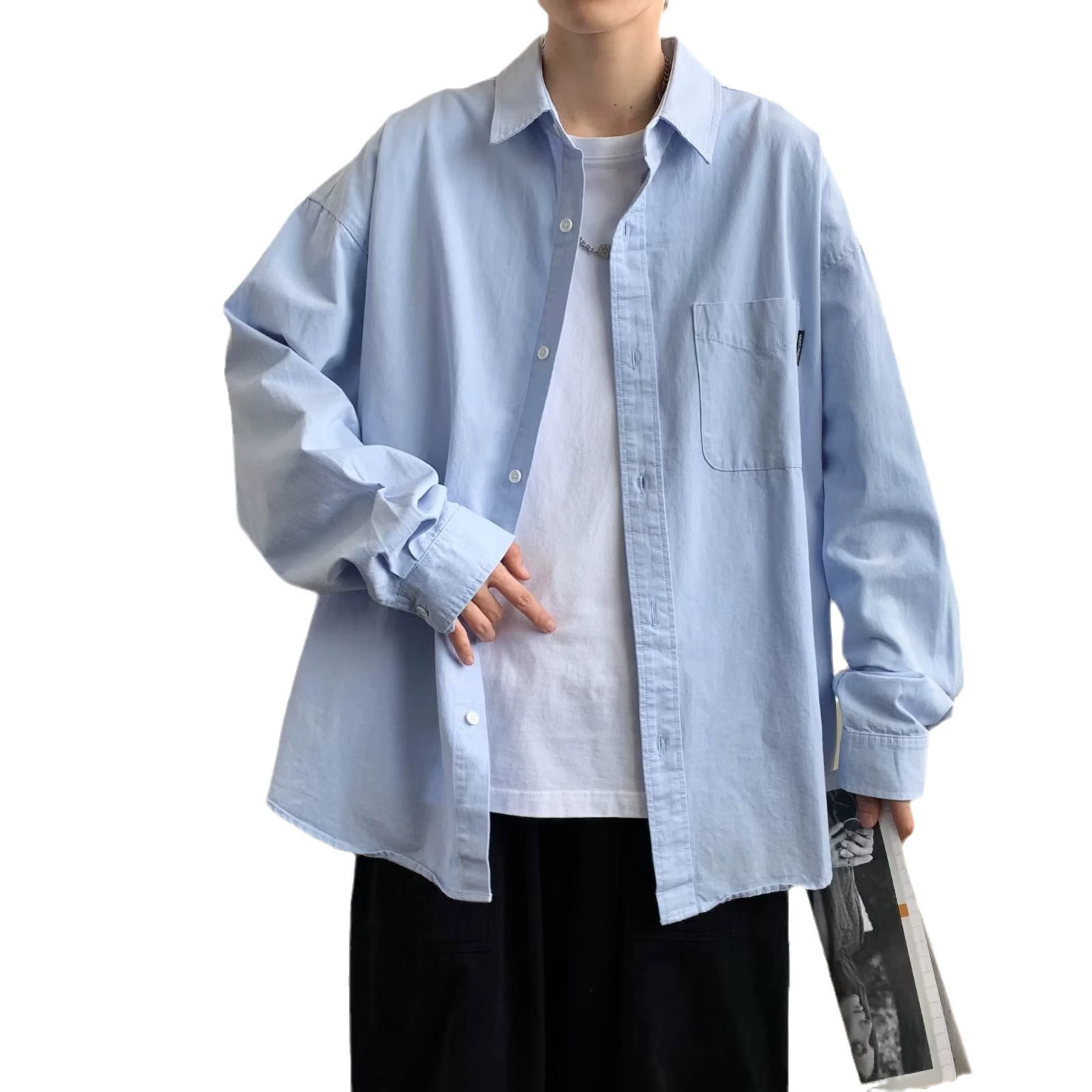 Blue Japanese Trend Spring Shirt, Loose-Fit Button-Down Top for Casual Everyday Wear, Breathable
