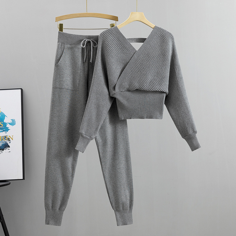 Ensemble deux pièces en tricot pour femme, col en V, sexy, sans bretelles, tendance, automne_voghion.com
