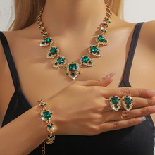 跨境欧美夸张复古玻璃水晶锁骨链气质流行镶宝石水滴项链饰品套装