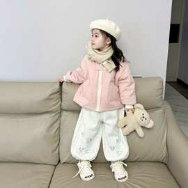 女童套装春秋女宝韩版加棉加绒棉服儿童洋气一体绒卫裤两件套