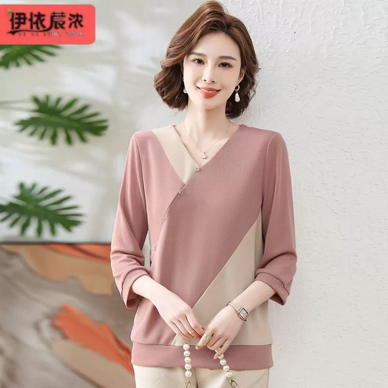 Женская тонкая дышащая Футболка с рукавами три четверти для женщин среднего возраста 2024 года, весна-лето, новая одежда для мам контрастного цвета, основа с коротким рукавом