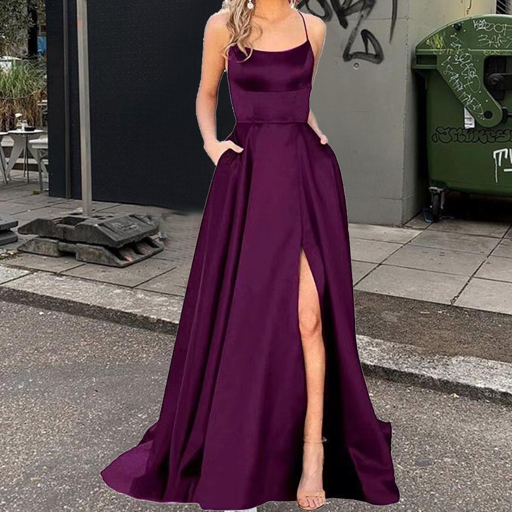 2025 color sólido vestido de dama de honor europeo y americano falda larga delgada sin tirantes novia vestido de noche de grupo de dama de honor de moda de Amazon