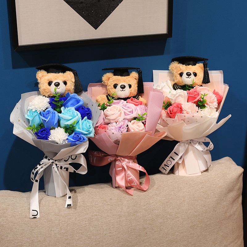 Bonito oso de peluche ramo de rosas tela muñeca de peluche juguete flores oso muñeca regalo ramo de graduación