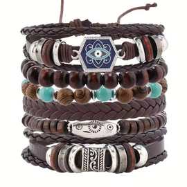 跨境热销手镯套装多层穿木珠松石六边形眼睛手工编织男士皮革手链