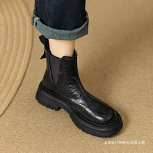 真皮松糕厚底棕色切尔西短靴女2025秋冬新款英伦风百搭圆头马丁靴
