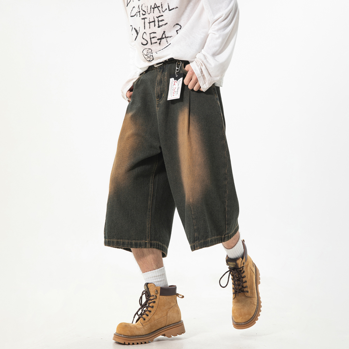 水洗做旧廓形七分牛仔裤男夏季新款质感休闲打褶短裤复古宽松中裤