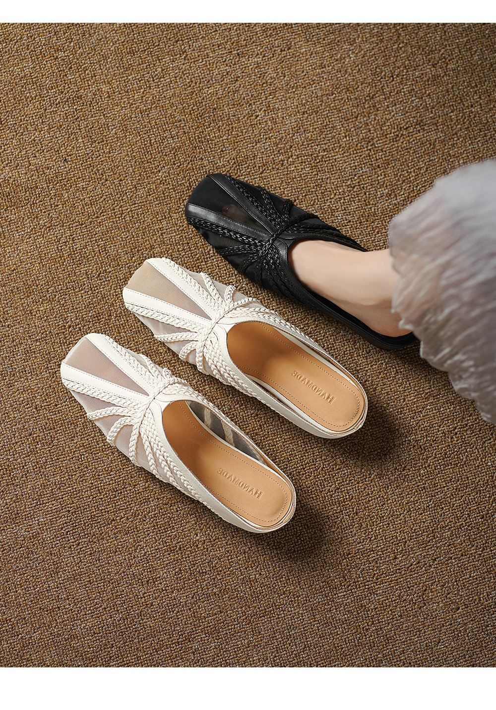 Dép sandal nữ mũi nhọn quai chữ V đế xuồng cao 7 cm, chất liệu lưới ren họa tiết hoa — đen chi tiết 1