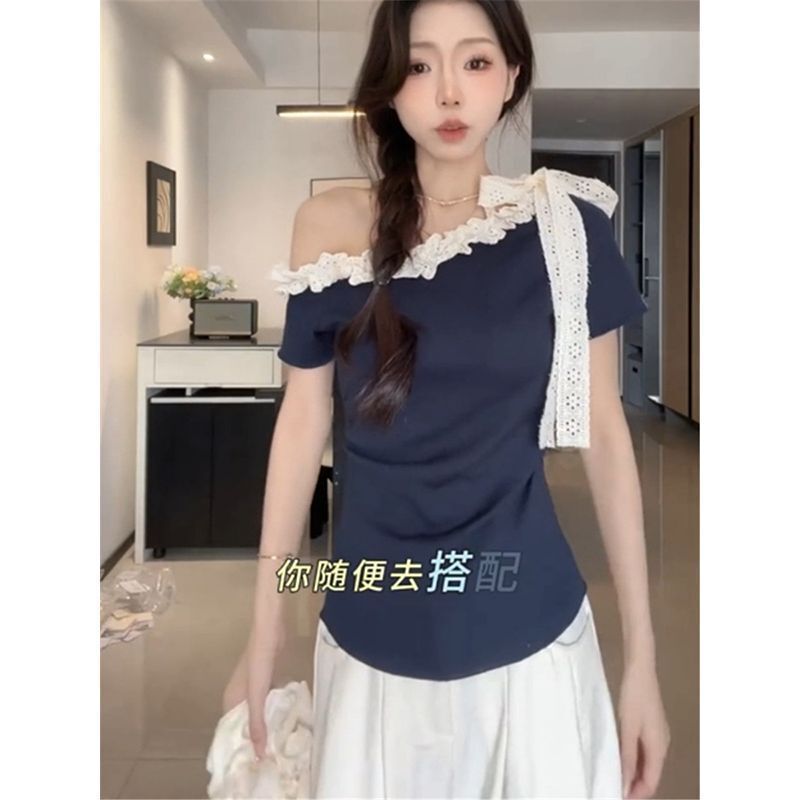 大码蕾丝边露肩系带飘带短袖T恤女夏季新款胖mm修身显瘦遮肚上衣|undefined