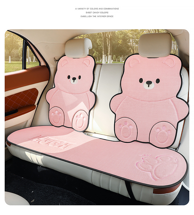 Car Seat Cushion for All Seasons, Cartoon Design, Breathable Cotton and Linen for Summer, Ventilated for Autumn and Winter, Half-Cover, Cute Bear Seat Cover for Women