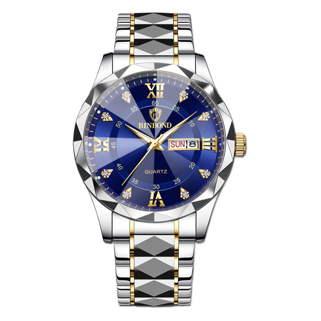 Binbond Genuine Men's Watch Waterproof Luminous Dual Calendar Watch Men's Quartz Watch Rhombus Pointed Glass