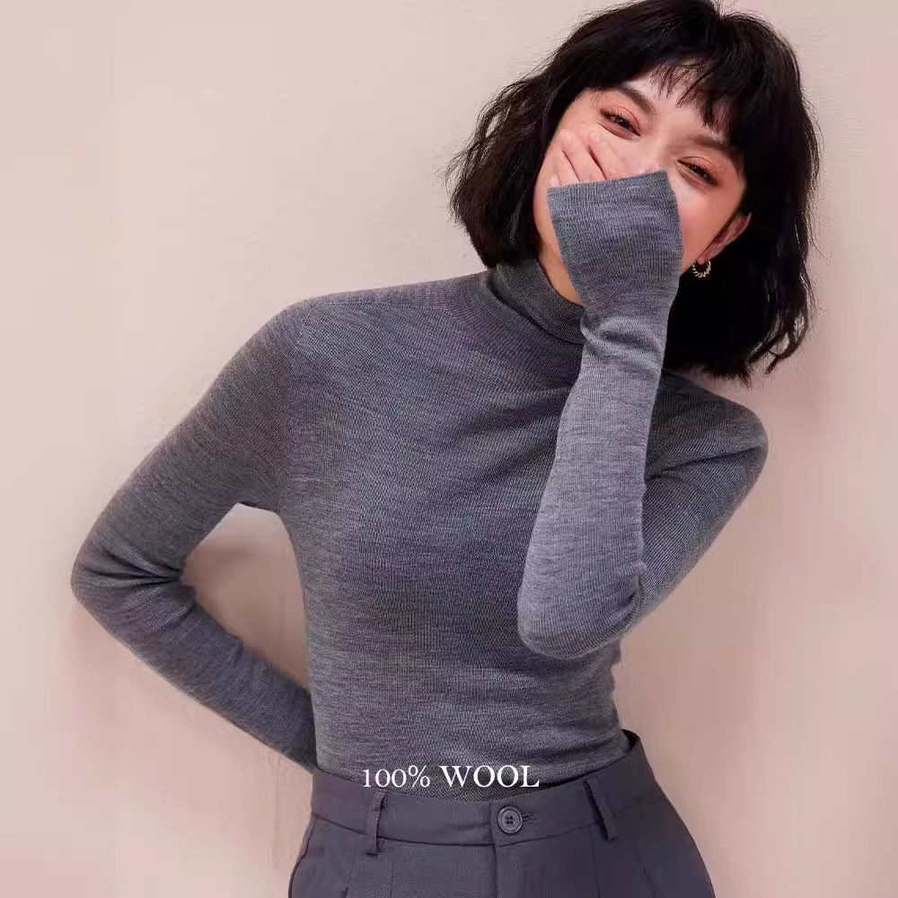 Solid color 18-gauge ultra-fine seamless 100% wool turtleneck base layer versatile knit top women's German Yangzi yarn