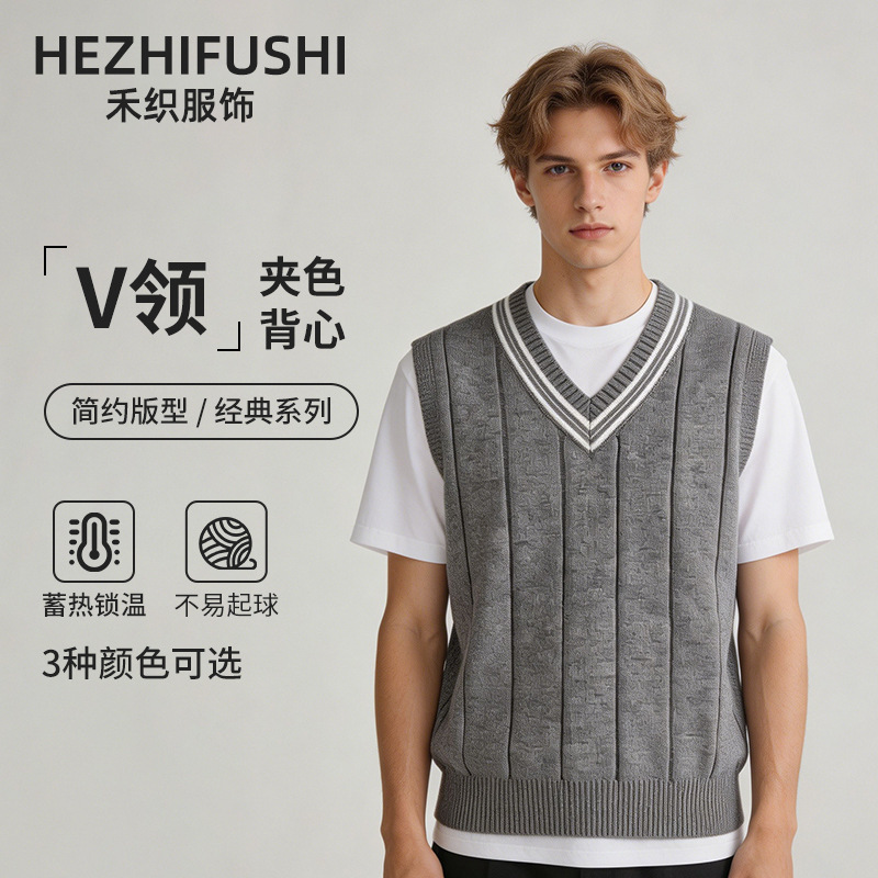 Korean and Japanese style loose V-neck color-blocked knitted vest for men, college-style striped sleeveless sweater, large size pullover vest