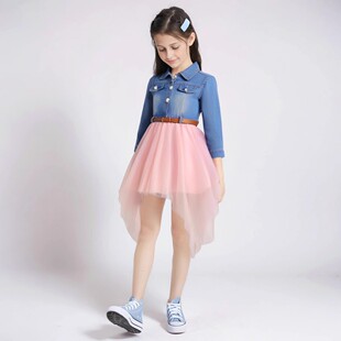 Fashion Girl Denim mesh dress autumn casual little girl long sleeve Western style dress medium and small children princess dress