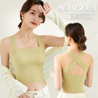 女士无痕美背固定杯吊带抹胸运动防走光带胸垫背心夏薄款一体内衣
