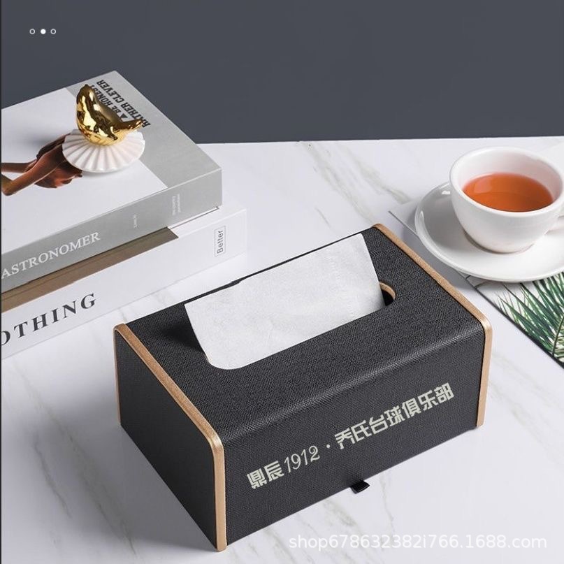Caja de pañuelos comercial hogar Luz de lujo nórdico multifunción mesa de café control remoto Hotel caja de pañuelos de cuero impreso LOGO