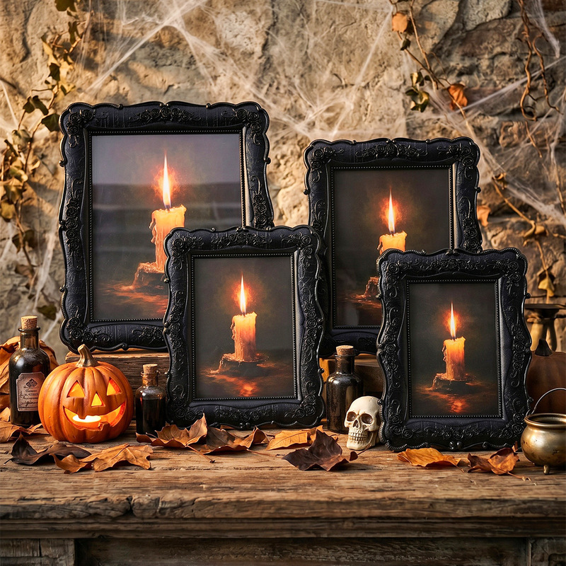 Dark-Style Candlelight Halloween Black Embossed Photo Frame European-Style Retro Photo Frame Hanging Painting Holiday Atmosphere Decoration Dark-Style Candlelight Halloween Black Embossed Photo Frame European-Style Retro Photo Frame Hanging Painting Holiday Atmosphere Decoration