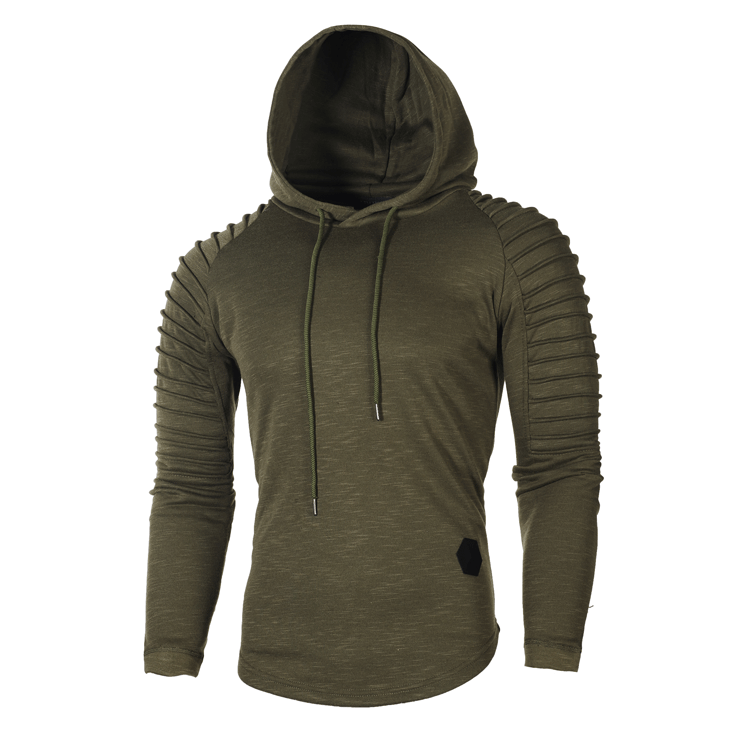 Men's Clothing Autumn and Winter New Round Neck Slim Fit Solid Color Hooded Long Sleeve Sweater Striped Pleated Raglan Sleeve Men's Clothing_voghion.com