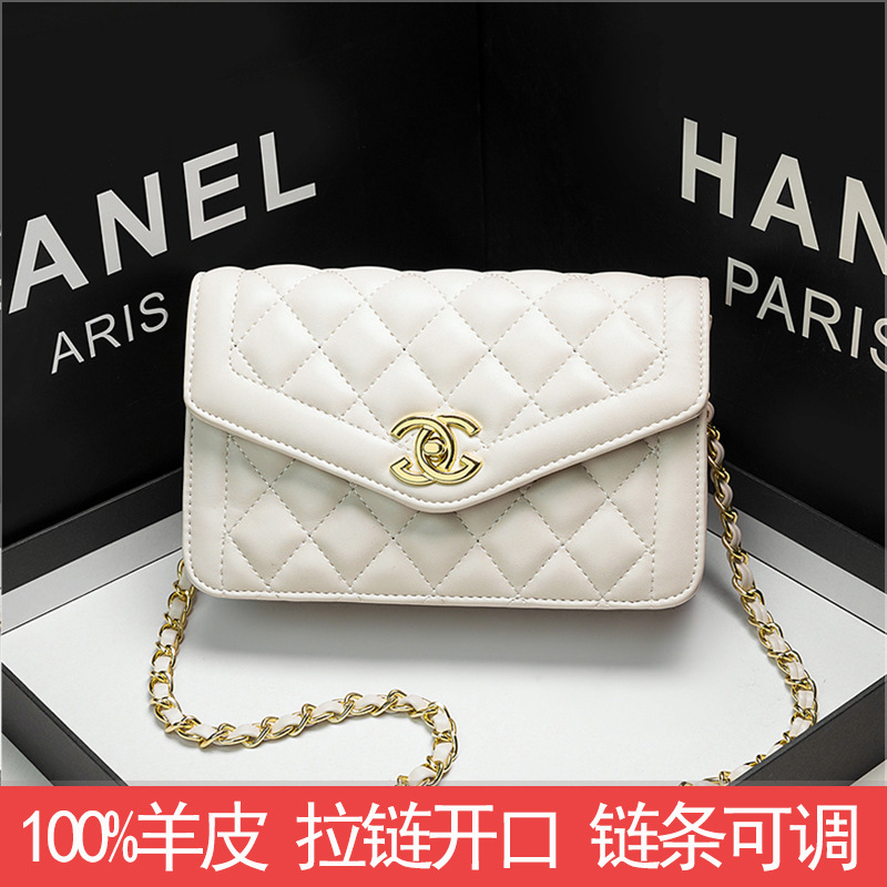 Bolso de Hombro de Cadena de Cuero Genuino Nuevo Otoño 2024, Estilo Versátil de Celebridad de Internet, Inspirado en Chanel, con Cuentas Doradas Acolchadas, Bolso de Mujer